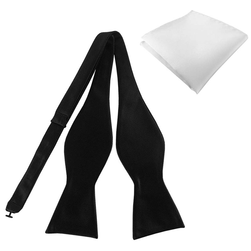 KOOELLE Mens Premium Silky Bowties Tuxedo Solid Colors Bow Ties & Pocket Square Set (Black Bowtie + White Hanky) - Image 1